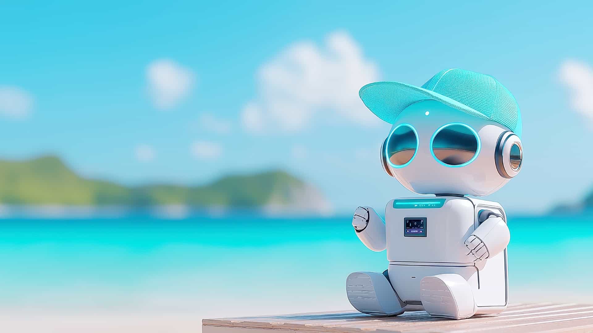 Kleiner Roboter mit Hut am Strand