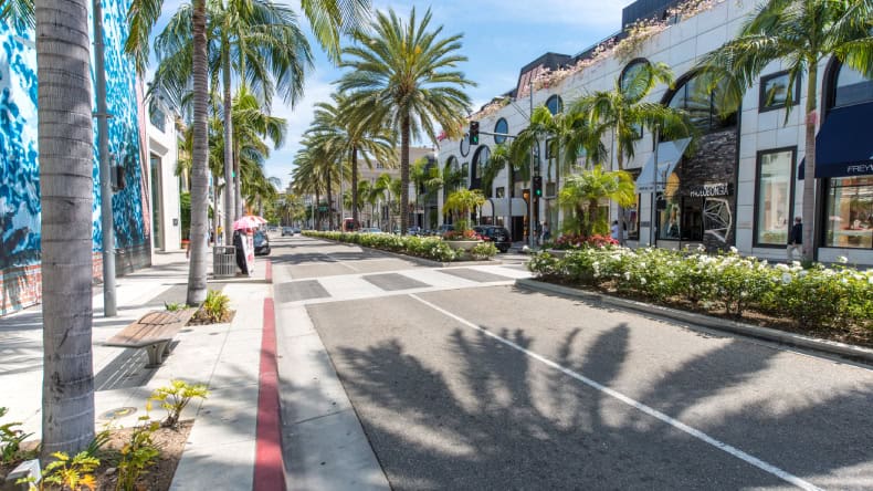 Rodeo Drive, Straße, Palmen, Geschäfte